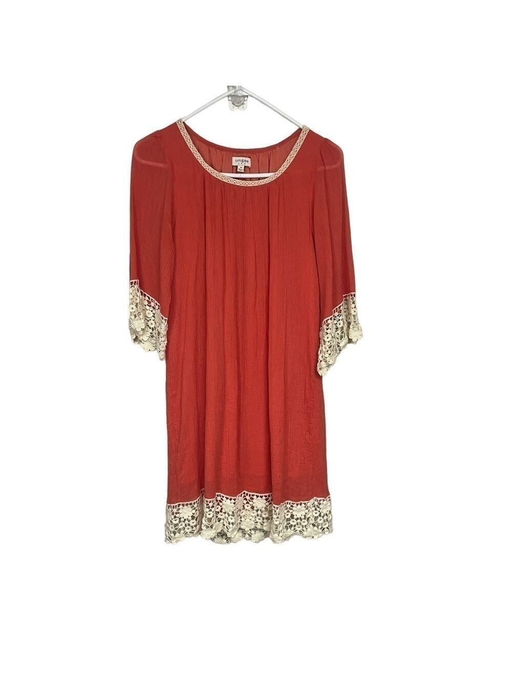 Umgee Orange Crinkle Dress Cream Crochet Trim Medium